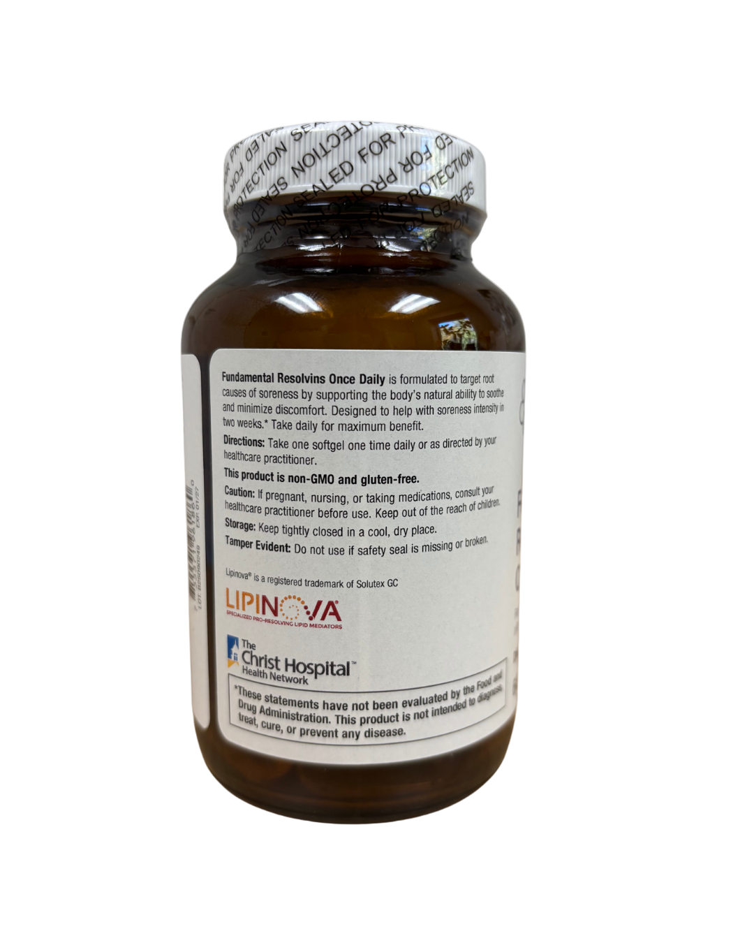 Brown supplement bottle with white label on a white background