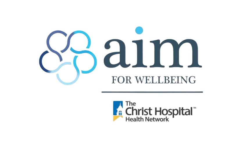 Logo of 'aim for wellbeing' with Christ Hospital Health Network on a white background