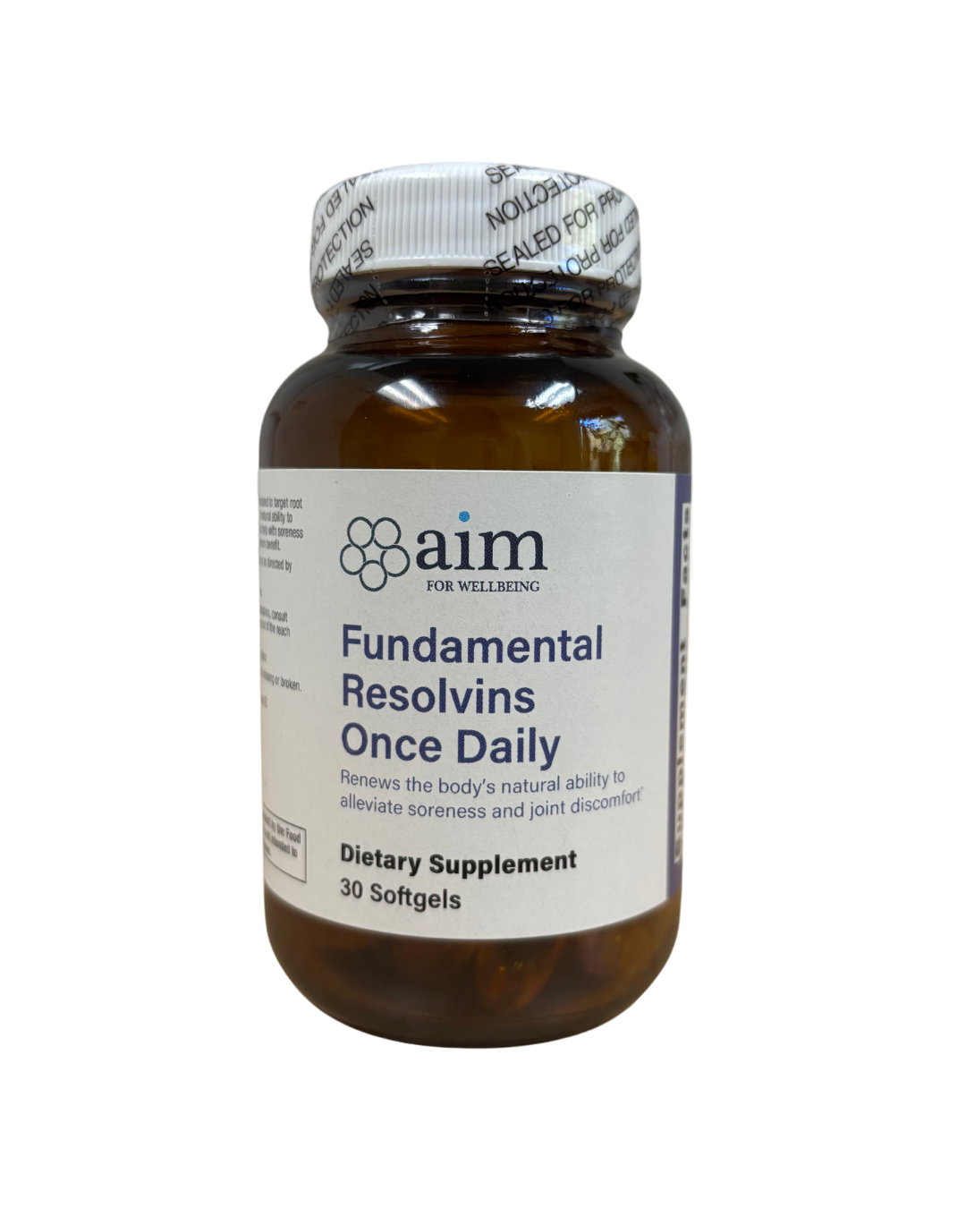 Supplement bottle labeled 'aim for Wellness Fundamental Resolvins Once Daily' on a white background