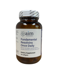 Supplement bottle labeled 'aim for Wellness Fundamental Resolvins Once Daily' on a white background
