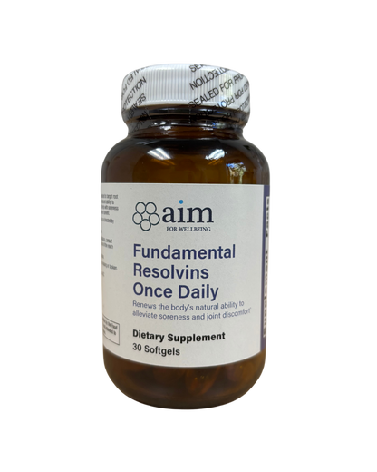 Supplement bottle labeled 'aim for Wellness Fundamental Resolvins Once Daily' on a white background