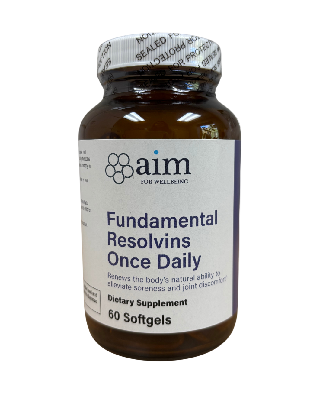Supplement bottle labeled 'aim for wellbeing' on a white background